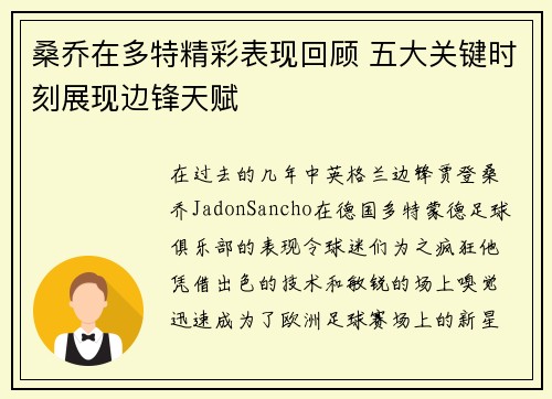 桑乔在多特精彩表现回顾 五大关键时刻展现边锋天赋