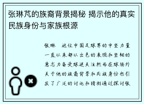 张琳芃的族裔背景揭秘 揭示他的真实民族身份与家族根源
